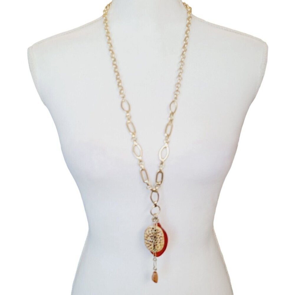 Chico's Y Drop Necklace Boho Bohemian Satin Gold Tone 31" Long Carved Pendant